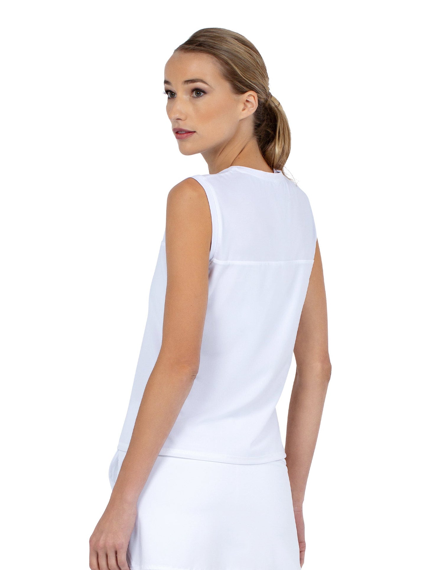 Relax-Fit Crewneck Tank with Light Mesh Overlay - White