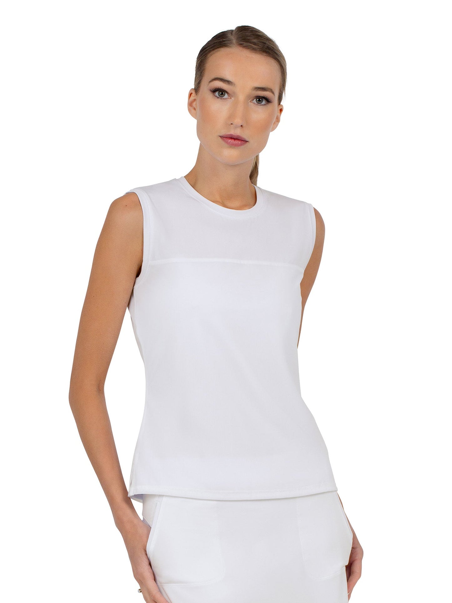 Relax-Fit Crewneck Tank with Light Mesh Overlay - White